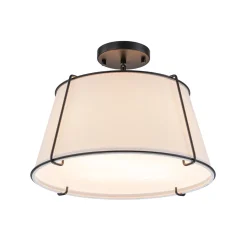Contemporary Wide Linen Drum Brass Semi Flush Mount