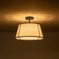 Contemporary Wide Linen Drum Brass Semi Flush Mount