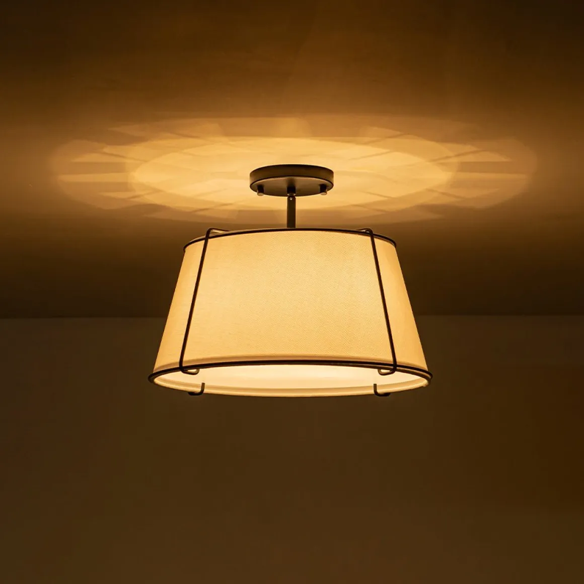 Contemporary Wide Linen Drum Brass Semi Flush Mount