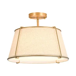 Contemporary Wide Linen Drum Brass Semi Flush Mount
