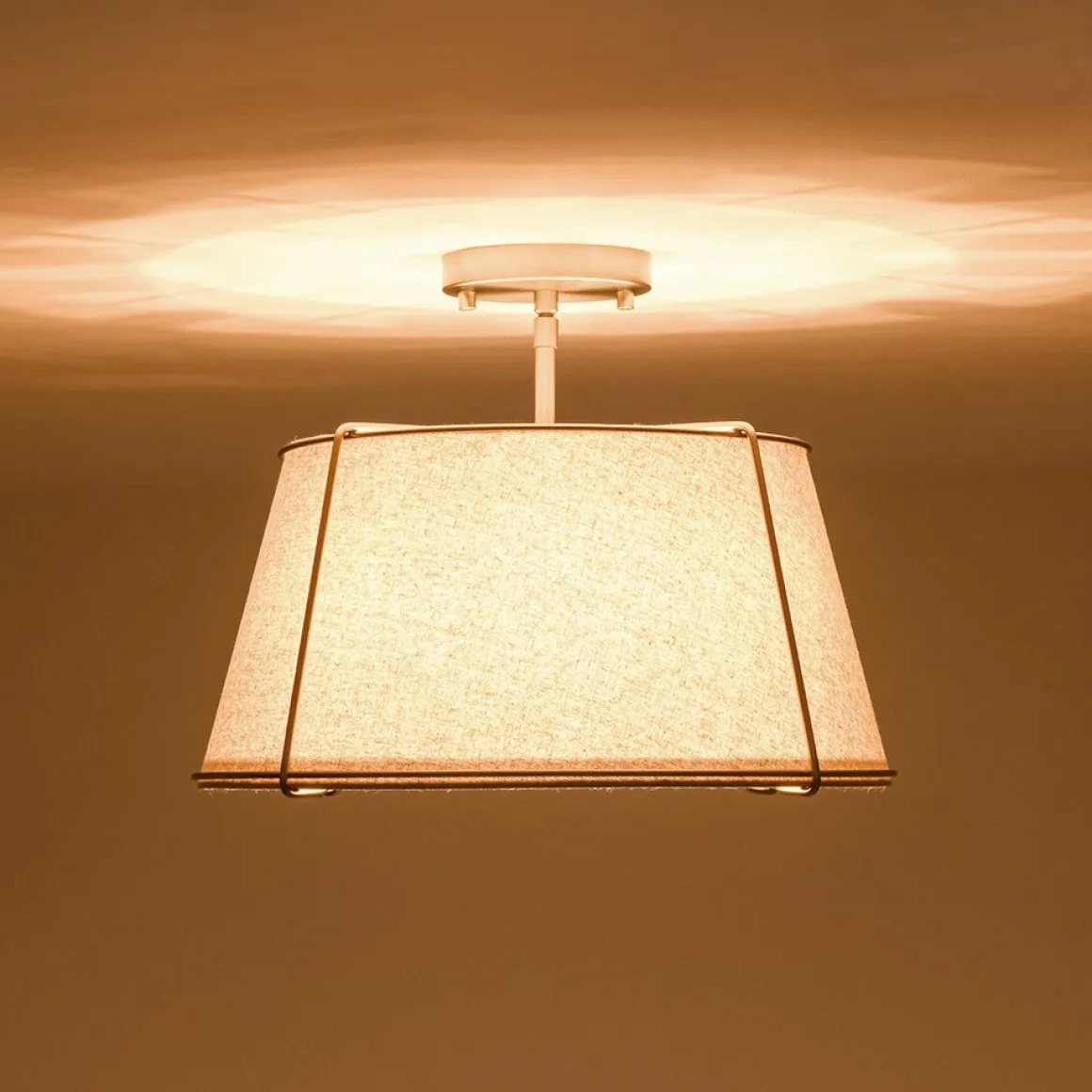 Contemporary Wide Linen Drum Brass Semi Flush Mount