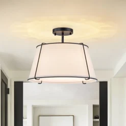 Contemporary Wide Linen Drum Brass Semi Flush Mount