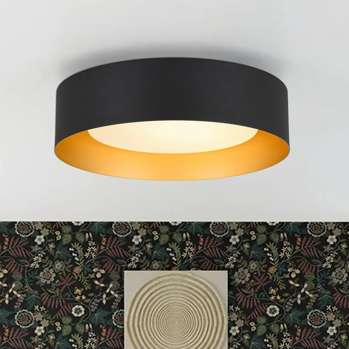 Dimmable LED Black Iron Milky Glass Round Drum Ceiling Light