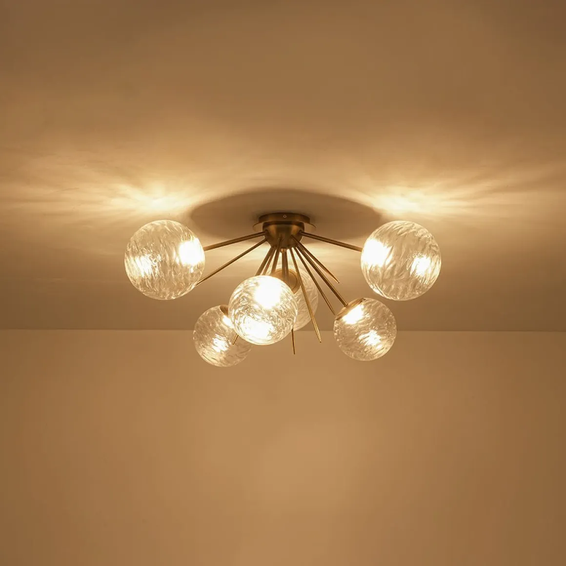 Dimmable LED 6-Light Ripple Glass Sputnik Semi Flush Chandelier