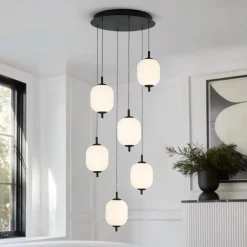 Dimmable LED Ribbed White Glass 6-Light Cluster Round Pendant