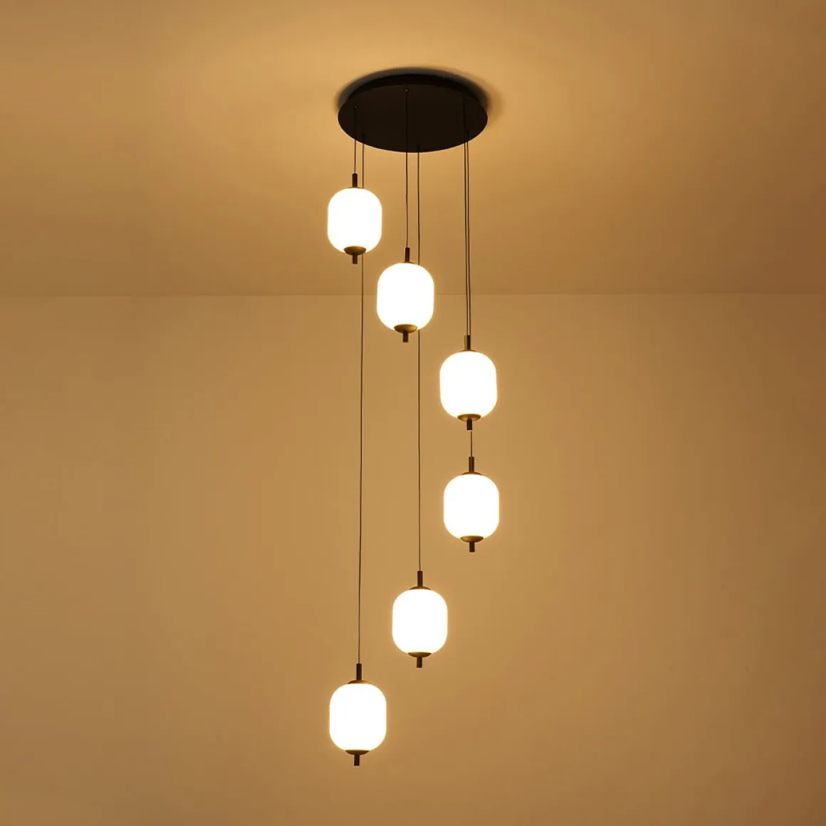 Dimmable LED Ribbed White Glass 6-Light Cluster Round Pendant