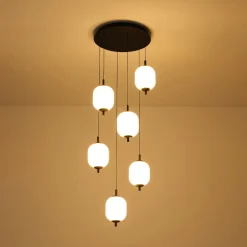 Dimmable LED Ribbed White Glass 6-Light Cluster Round Pendant