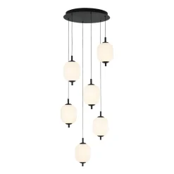 Dimmable LED Ribbed White Glass 6-Light Cluster Round Pendant