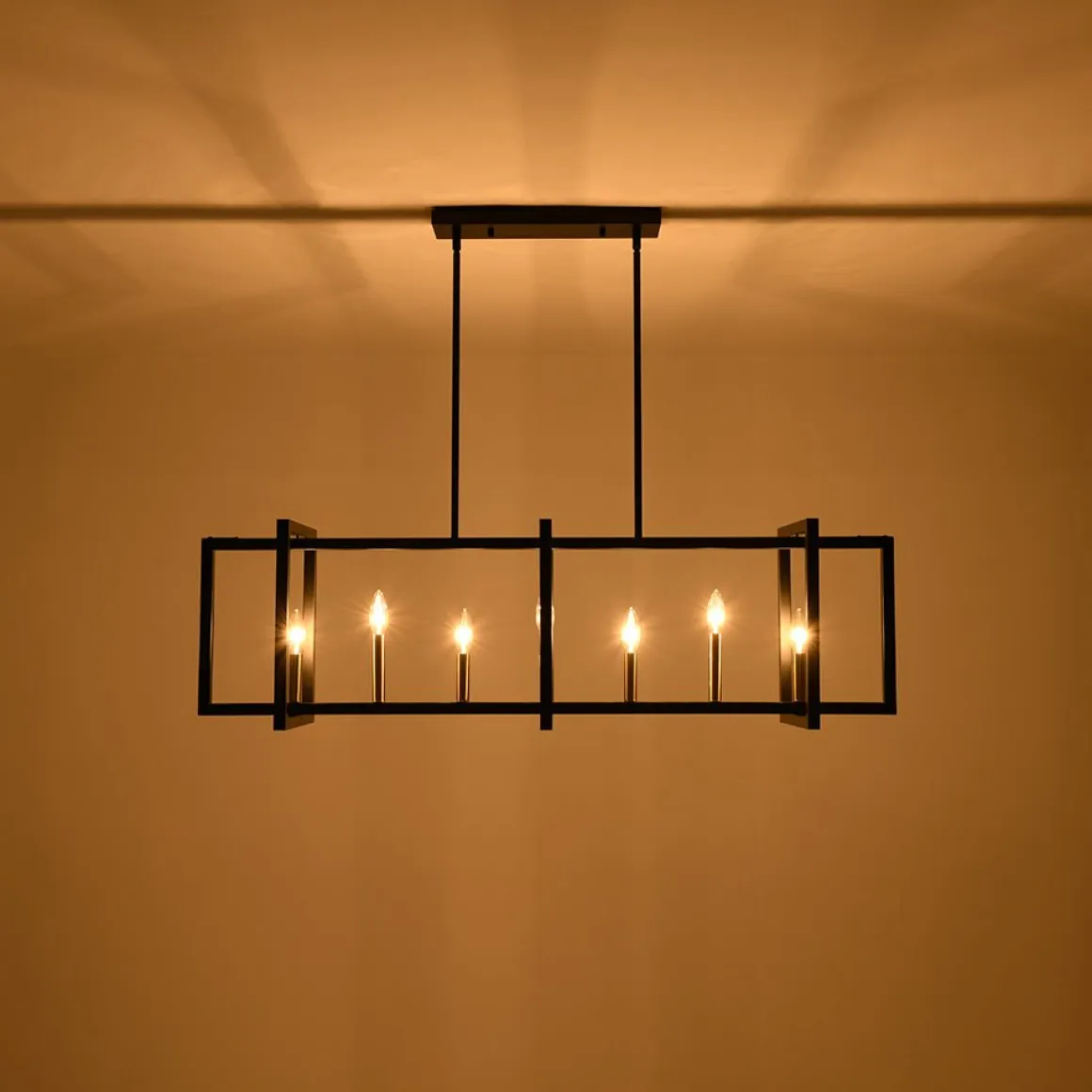 Farmhouse Candle Style Linear Rectangular Cage Island Chandelier