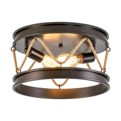 Farmhouse 2-Light Hemp Rope Iron Drum Cage Flush Mount