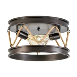 Farmhouse 2-Light Hemp Rope Iron Drum Cage Flush Mount