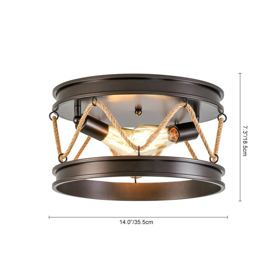 Farmhouse 2-Light Hemp Rope Iron Drum Cage Flush Mount
