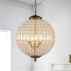 French Antique Brass Crystal Globe Chandelier