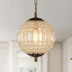 French Antique Brass Crystal Globe Chandelier