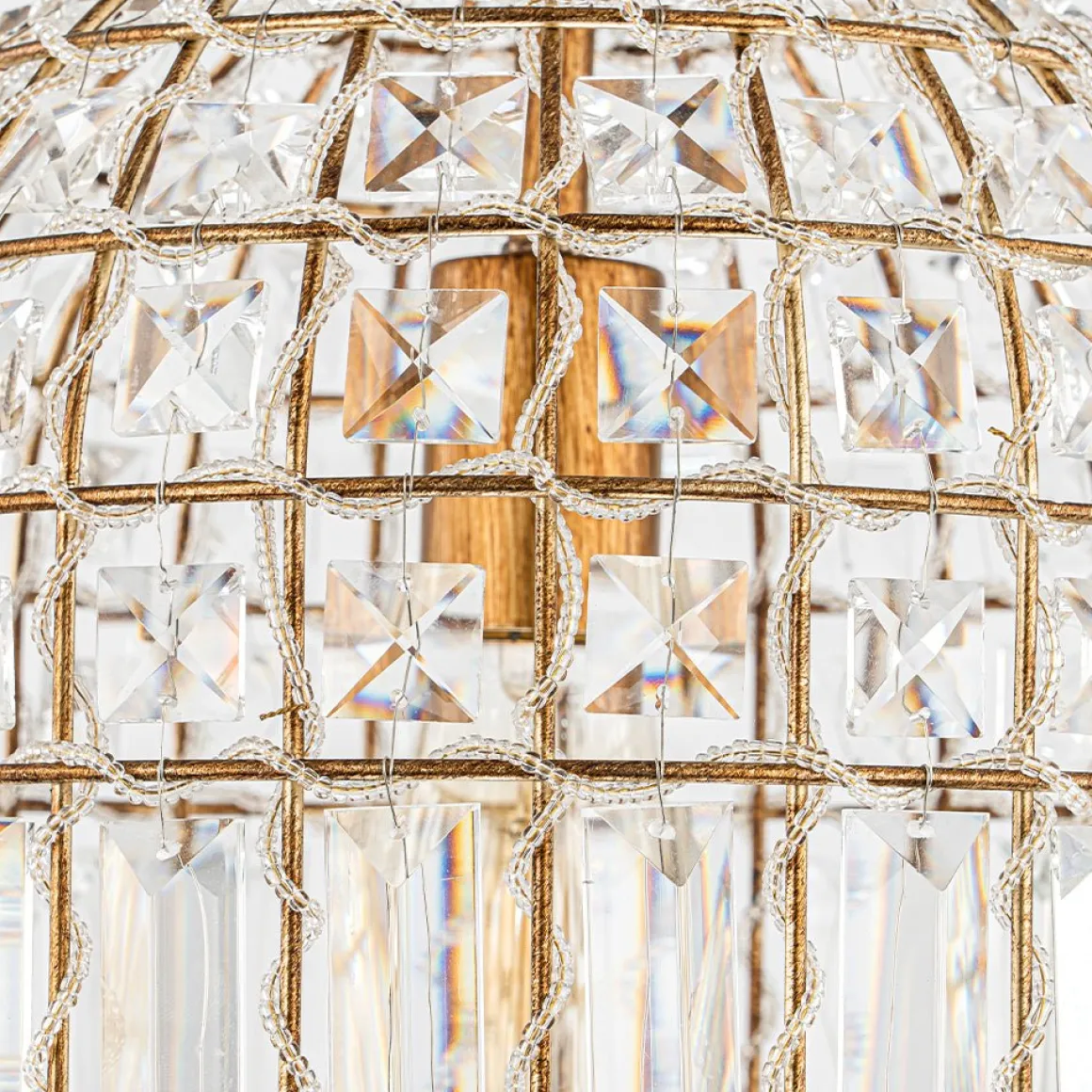 French Antique Brass Crystal Cage Chandelier
