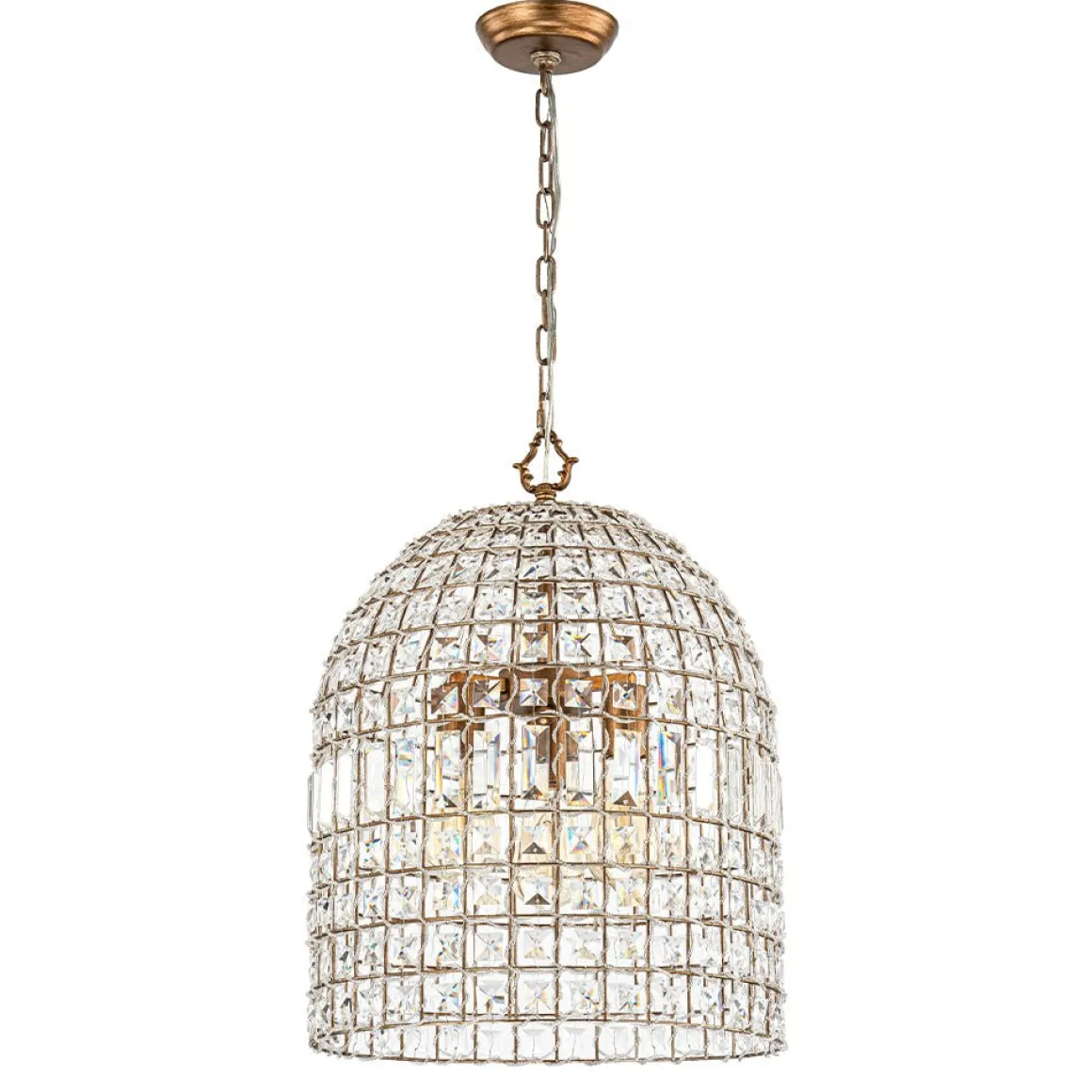 French Antique Brass Crystal Cage Chandelier