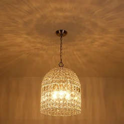 French Antique Brass Crystal Cage Chandelier