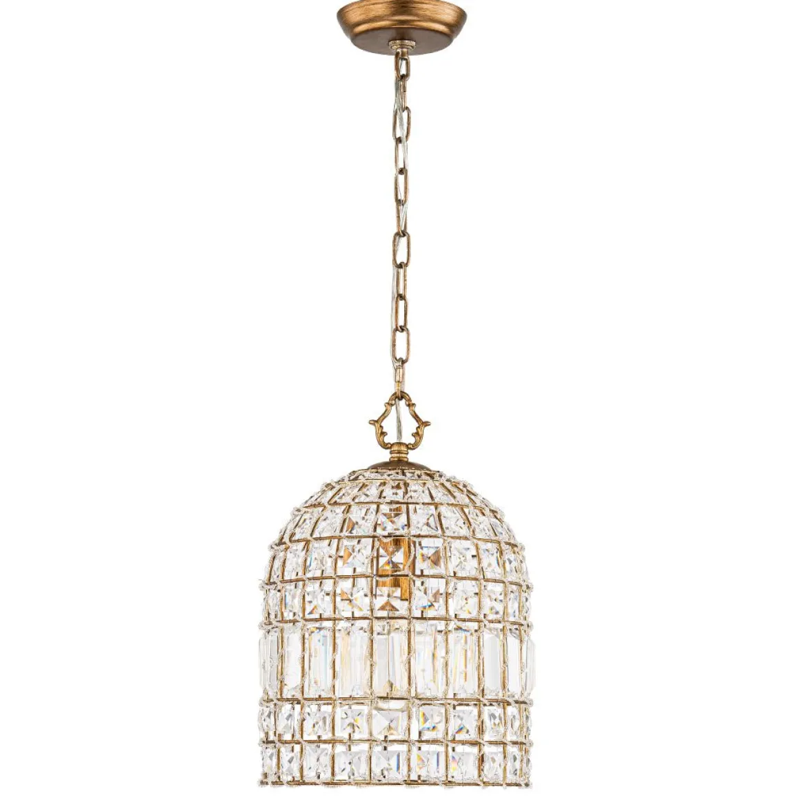 French Antique Brass Crystal Cage Chandelier