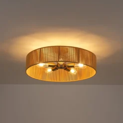 French Country Brown Woven Rope Wide Drum Semi Flush Chandelier