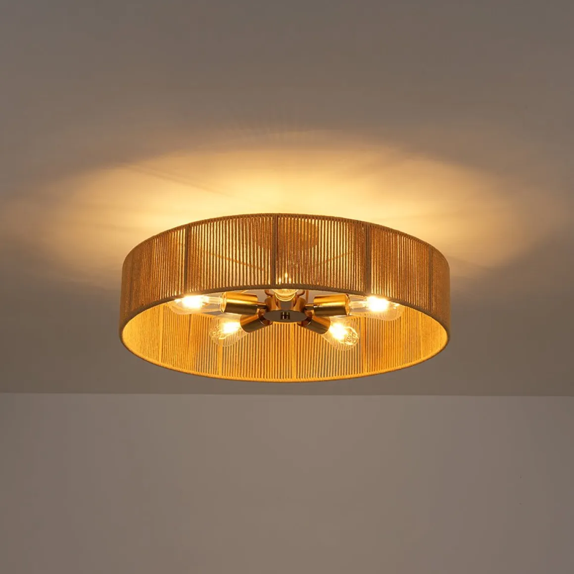 French Country Brown Woven Rope Wide Drum Semi Flush Chandelier