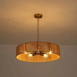 French Country Brown Woven Rope Wide Drum Semi Flush Chandelier