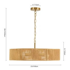 French Country Brown Woven Rope Wide Drum Semi Flush Chandelier
