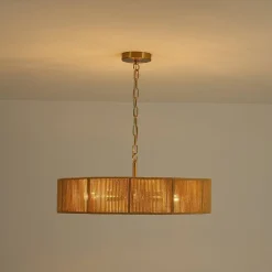 French Country Brown Woven Rope Wide Drum Semi Flush Chandelier