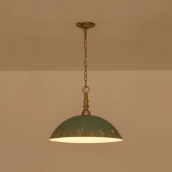 French Country Distressed Teal Gold Flat Dome Metal Pendant