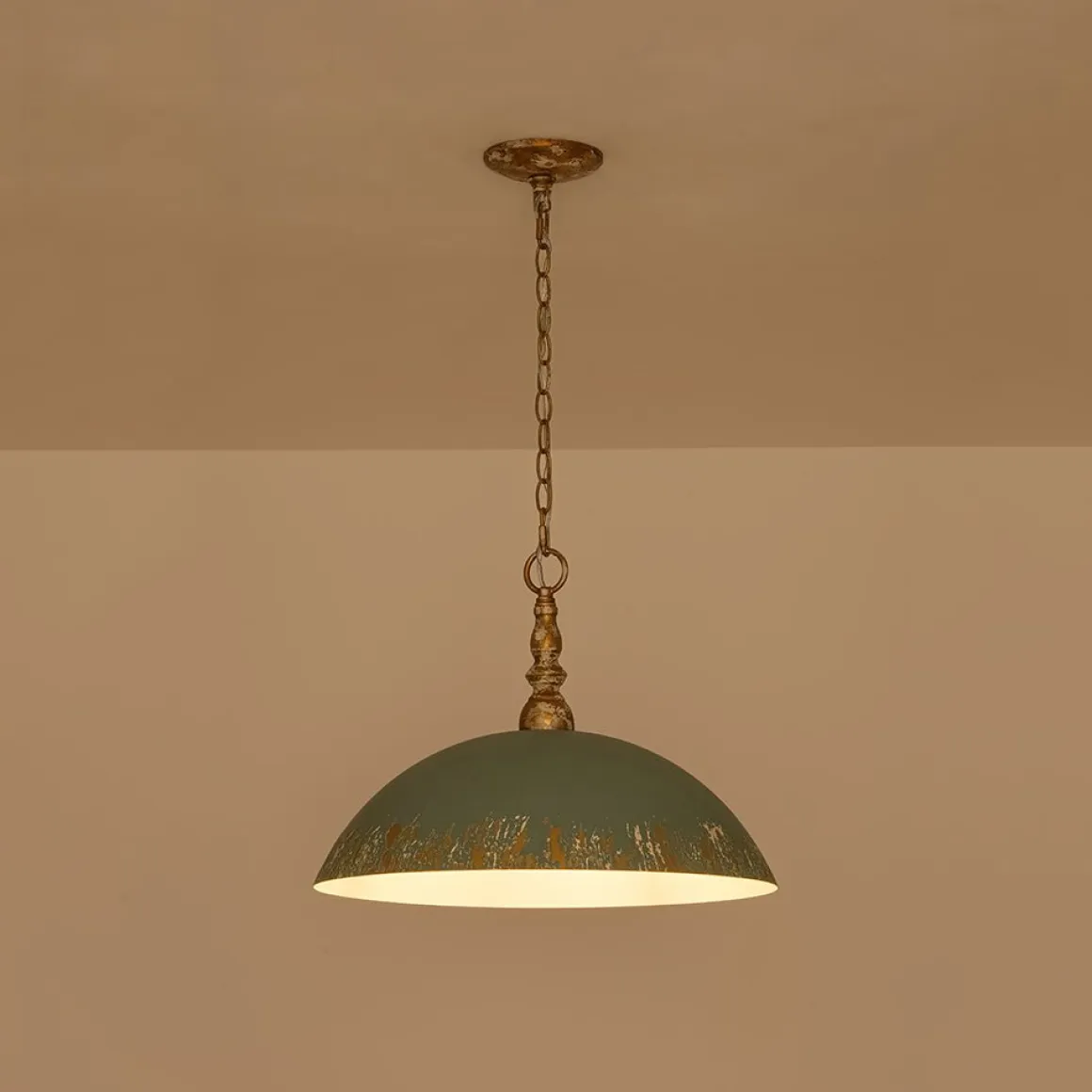 French Country Distressed Teal Gold Flat Dome Metal Pendant