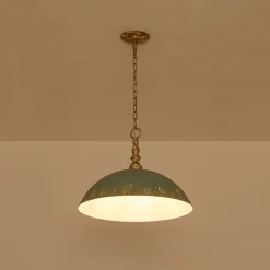 French Country Distressed Teal Gold Flat Dome Metal Pendant
