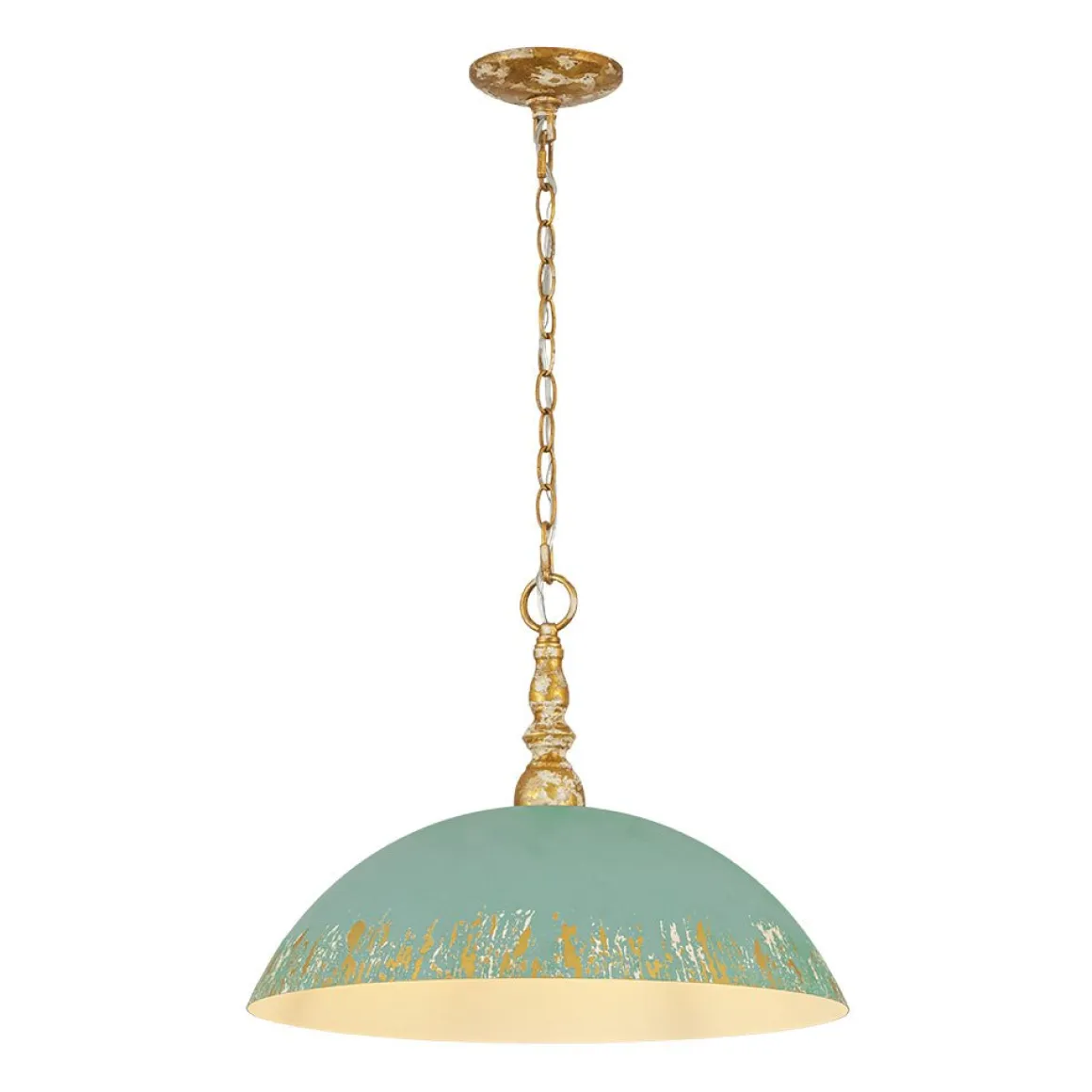 French Country Distressed Teal Gold Flat Dome Metal Pendant