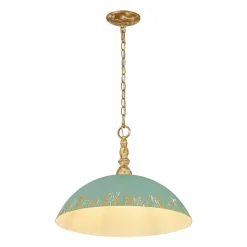 French Country Distressed Teal Gold Flat Dome Metal Pendant