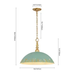 French Country Distressed Teal Gold Flat Dome Metal Pendant