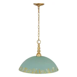 French Country Distressed Teal Gold Flat Dome Metal Pendant