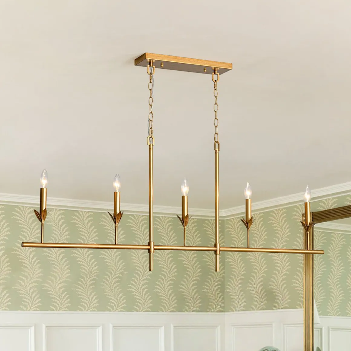 French Country 5-Light Fabric Shade Candle Linear Island Chandelier