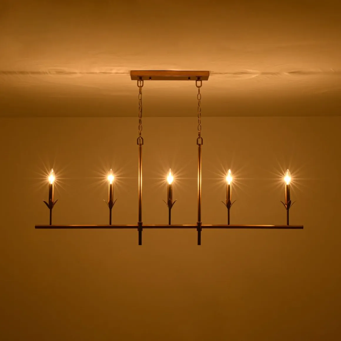 French Country 5-Light Fabric Shade Candle Linear Island Chandelier