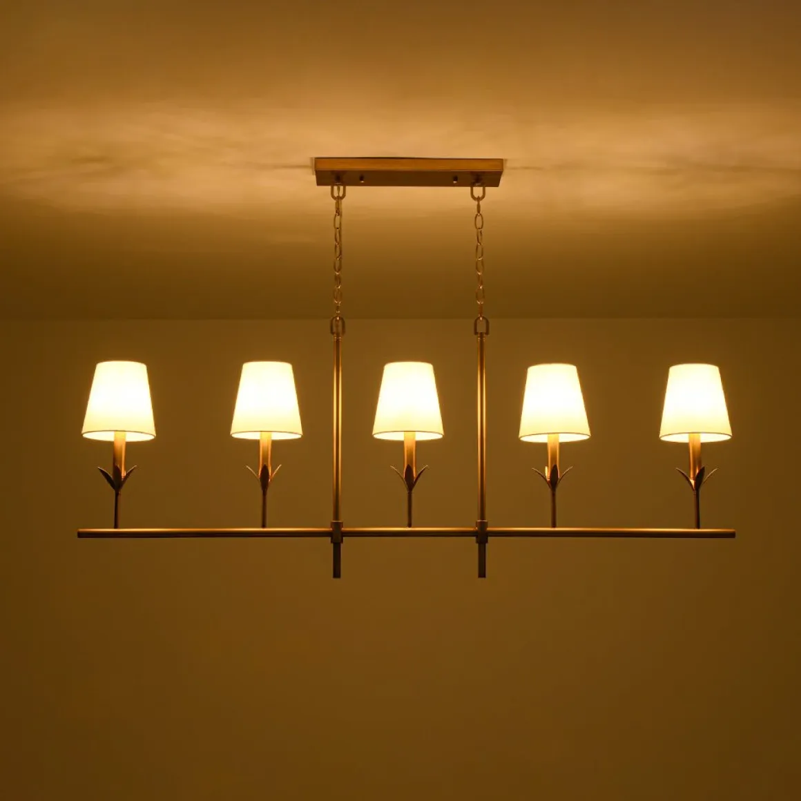 French Country 5-Light Fabric Shade Candle Linear Island Chandelier