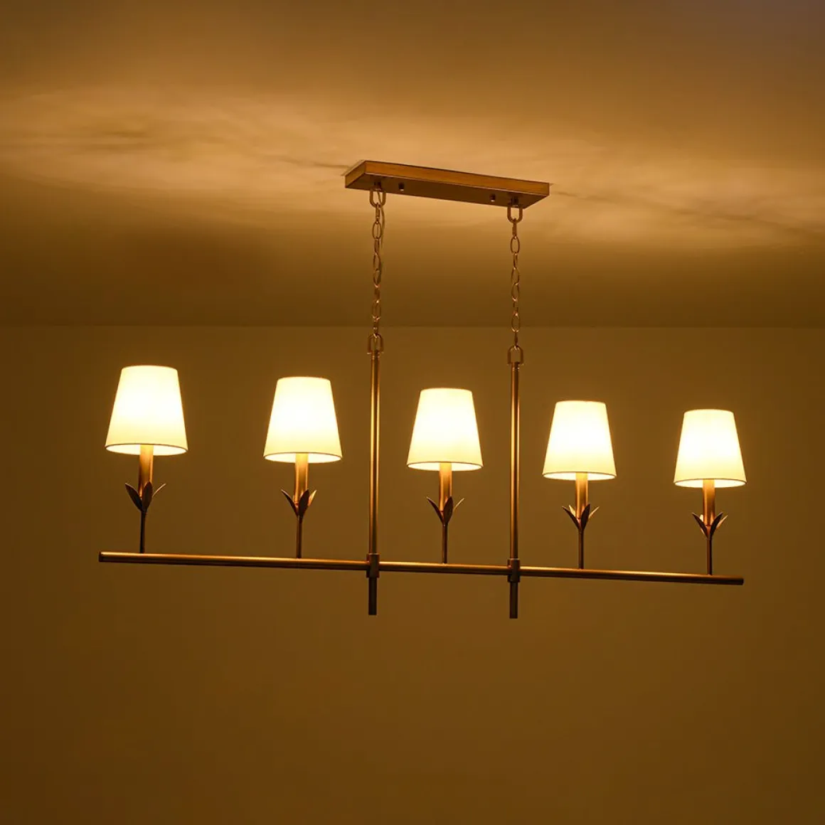 French Country 5-Light Fabric Shade Candle Linear Island Chandelier