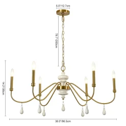 French Country White Wood Brass Iron Candle Chandelier