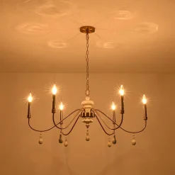 French Country White Wood Brass Iron Candle Chandelier