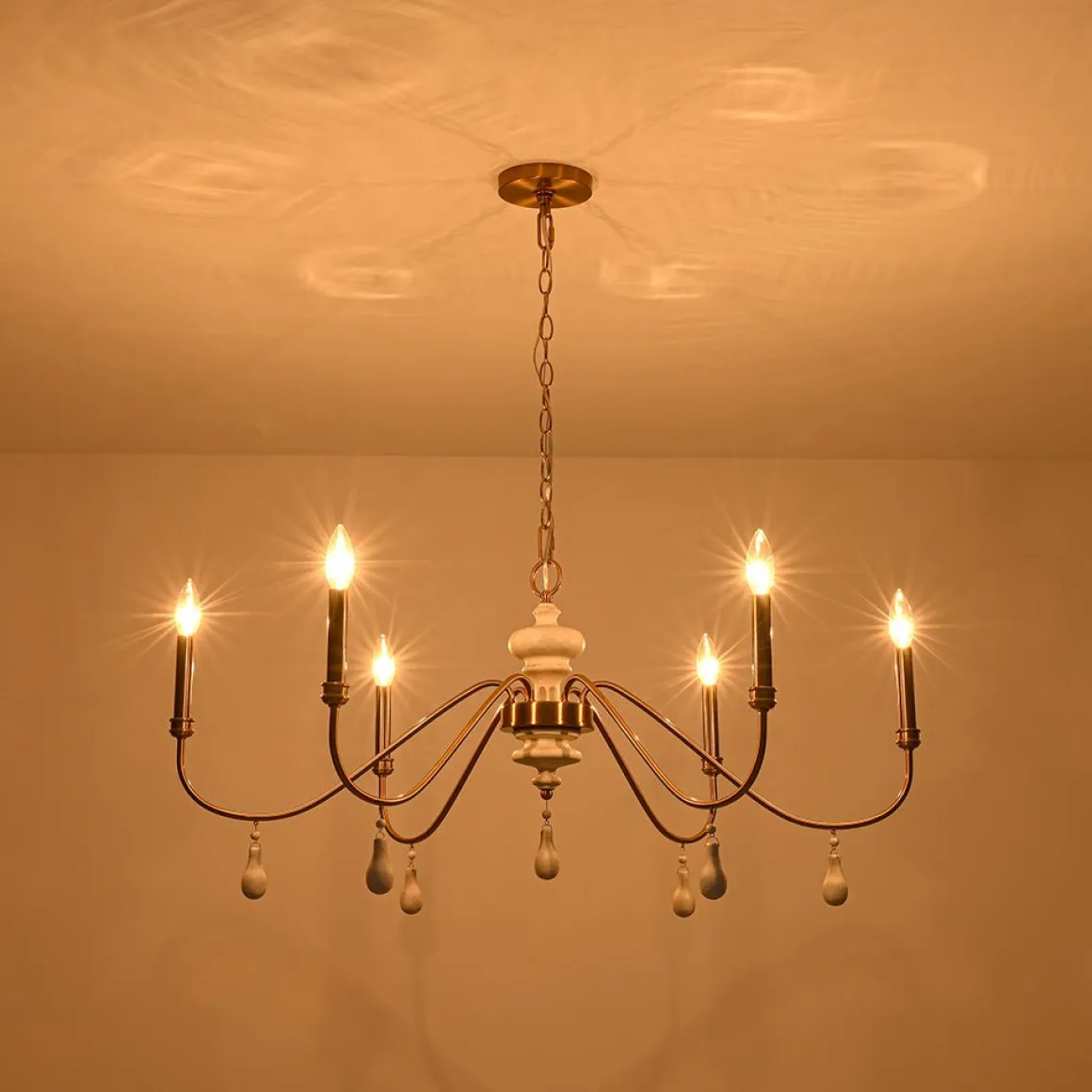 French Country White Wood Brass Iron Candle Chandelier