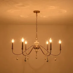 French Country White Wood Brass Iron Candle Chandelier
