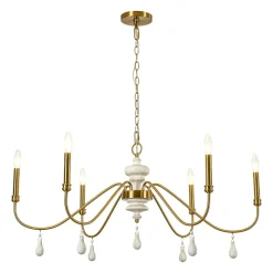 French Country White Wood Brass Iron Candle Chandelier