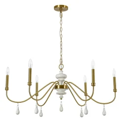 French Country White Wood Brass Iron Candle Chandelier