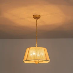 French 4-Light Candle Woven Beige Thread Drum Cage Pendant