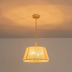 French 4-Light Candle Woven Beige Thread Drum Cage Pendant