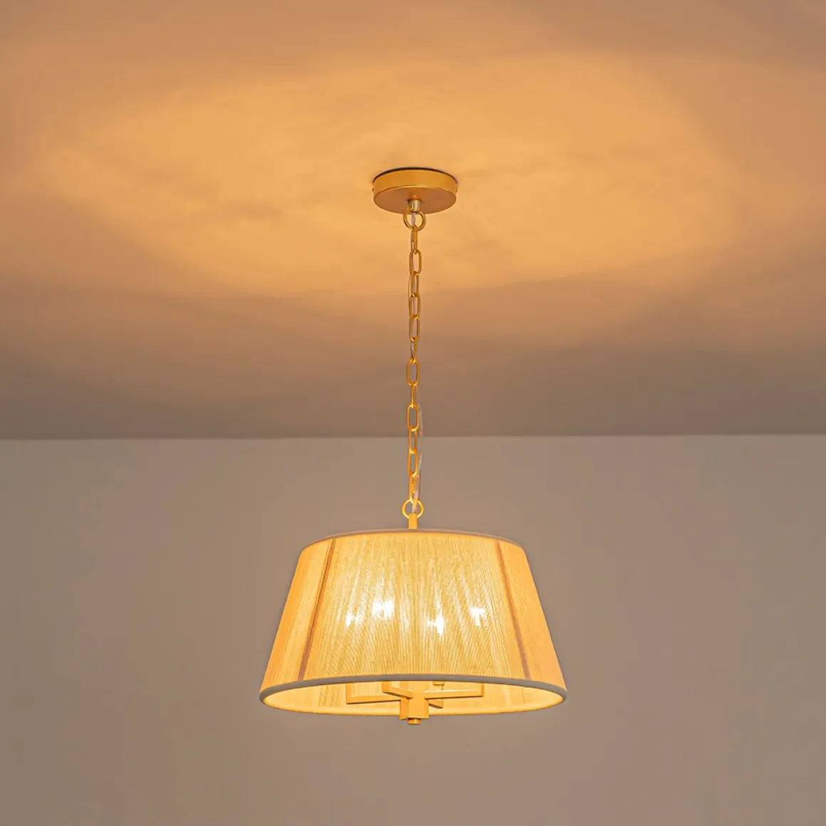 French 4-Light Candle Woven Beige Thread Drum Cage Pendant