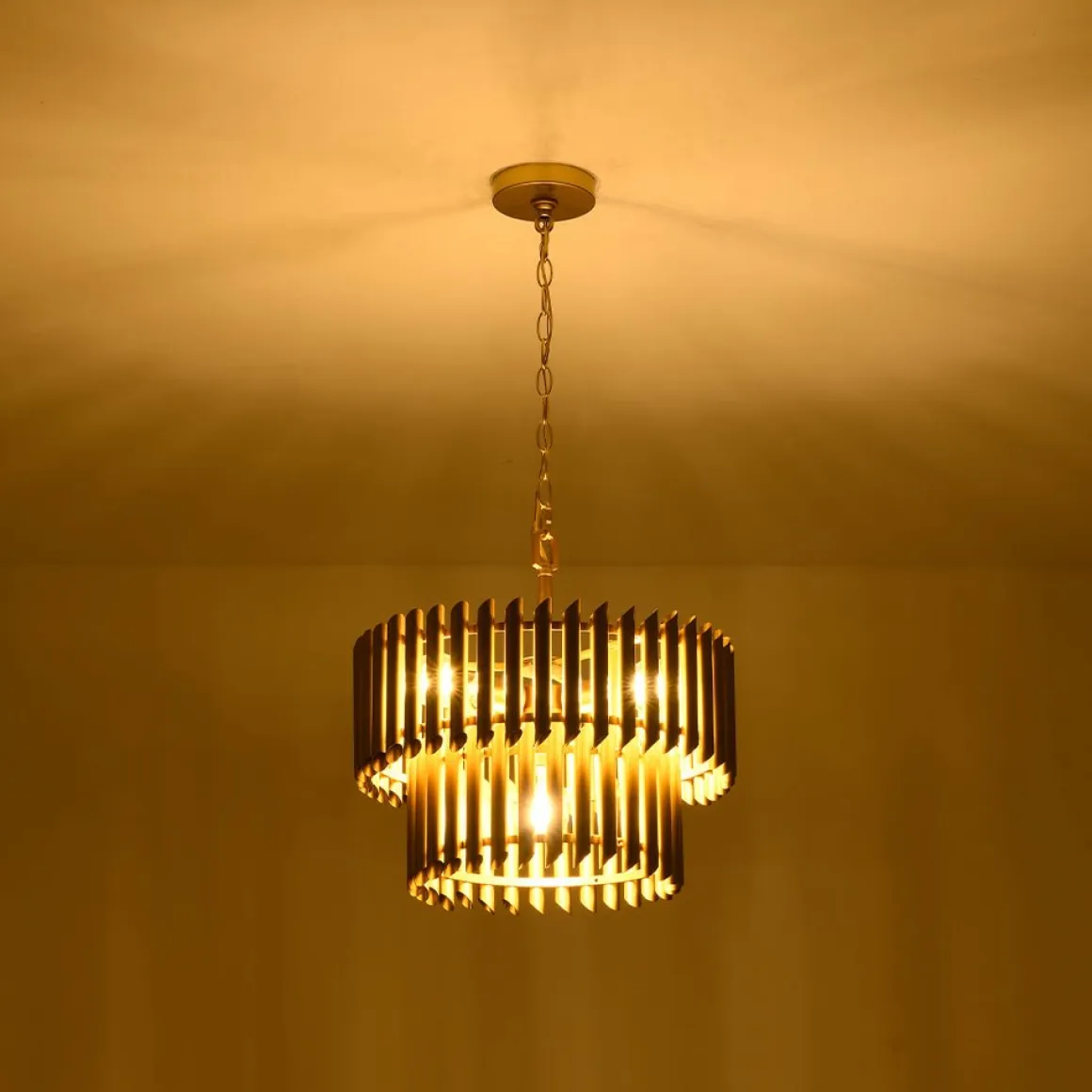 French Luxury Gold 2-Tier Metal Drum Cage Chandelier