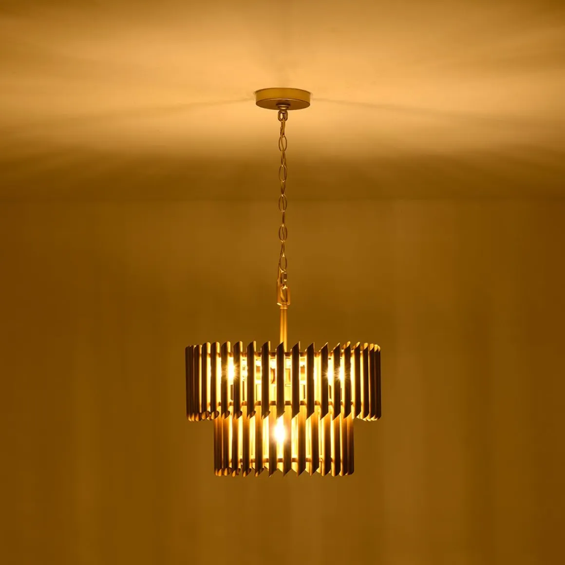 French Luxury Gold 2-Tier Metal Drum Cage Chandelier