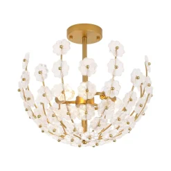 French Sculpture Brass Bloom Glass Floral Semi Flush Mount
